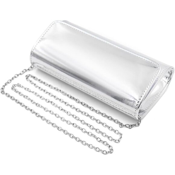Silver Metallic Small Clutch Bag with Detachable Chain for Evening - Picture 1 of 6